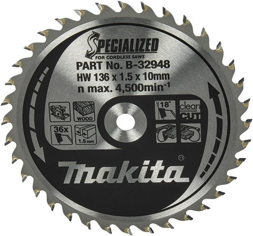 Makita accessoires makita cirkelzaagblad voor hout | specialized: accu | ø 136mm asgat 10mm 36t - b-32948