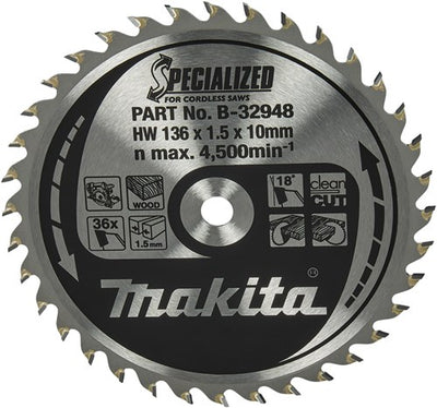 Makita accessoires cirkelzaagblad hout specialized 136x10x1,5 36t 18g - b-32948