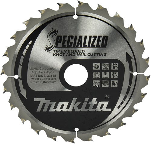 Makita accessoires makita cirkelzaagblad voor hout | specialized: noest spijker | ø 190mm asgat 30mm 24t - b-33118