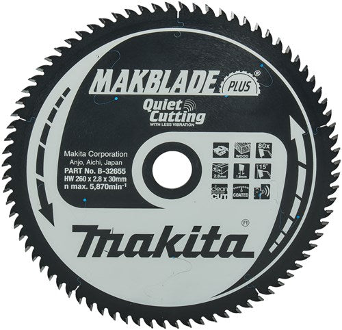 Makita accessoires tafelzaagblad hout - makblade-plus 260x30x2,8 80t 15g - b-32655