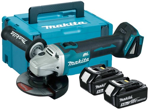 Makita dga506rtj 18v haakse slijper 125mm 5,0ah accu (2 st), snellader, mbox, met vastzetschakelaar