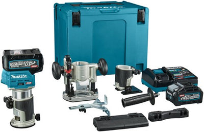 Makita rt001gm206 boven- en kantenfrees | 40 v max | 2 x 4.0 ah accu + snellader | incl. diverse voeten + geleiderail adapter | in mbox - rt001gm206