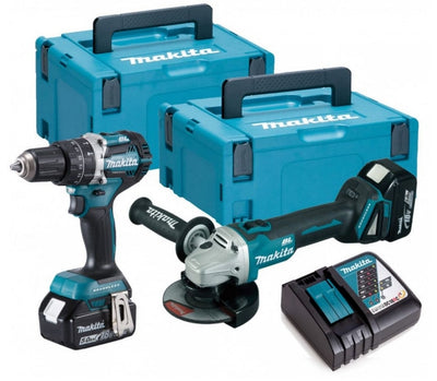 Makita dlx2179tj1 18v lxt 2 delige brushless dga504 haakse slijper + dhp484 (klop)boormachine set met 2 x 5.0ah accu's