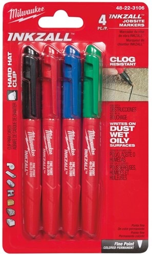Milwaukee accessoires inkzall fijne punt kleur markeerstift 4-delig set: zwart, rood, blauw en groen - 48223106