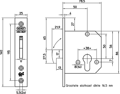 Nemef 4208 veiligheidsbijzetslot | skg** | dm50mm | voorplaat rvs 25x140mm rechthoekig | p 4208 12 | dr 1+2+3+4 - 9420817500