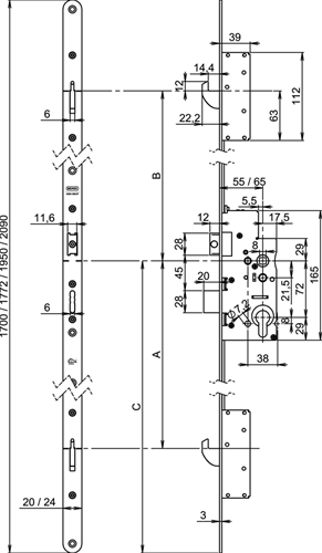 Nemef 5060 veiligheidsmeerpuntssluiting | krukbediend | skg*** | dm55mm | pc72mm | voorplaat staal verzinkt 24x1700mm afgerond| dr 1+3 2+4 - a000326383