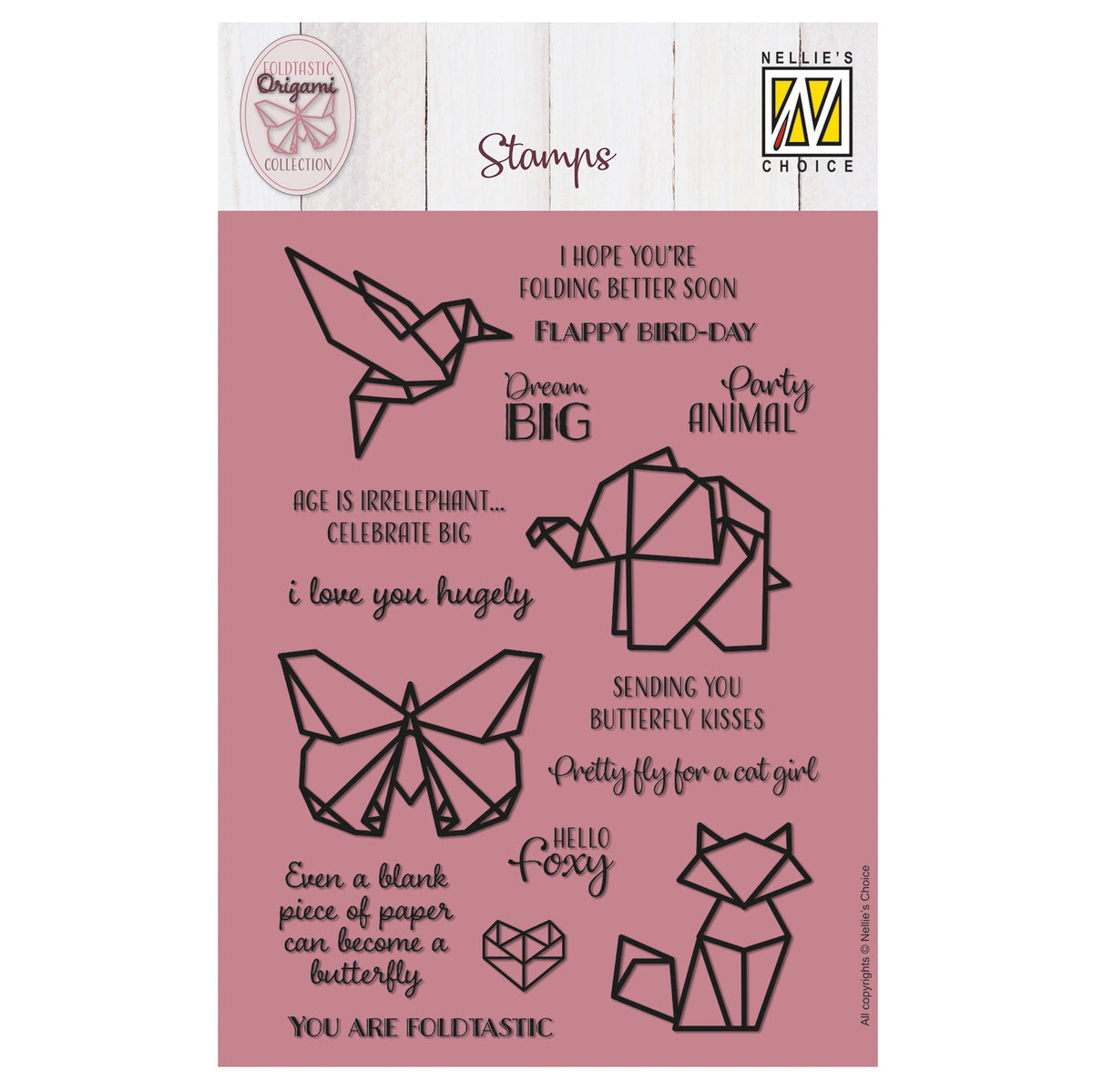 Nellie's choice • clear stamps origami tekst en dieren 14st.