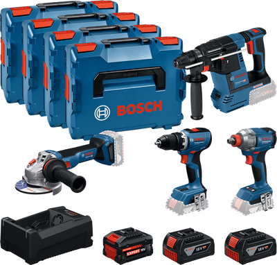 Bosch blauw accutoolkit 4-toolkit 18v | gsr 18v-65 + gdx 18v-285 + gbh 18v-26 + gws 18v-11 | + 2x gba 18v 5,0ah + 1x exba 18v 5,5ah + lader - 0615a500bj
