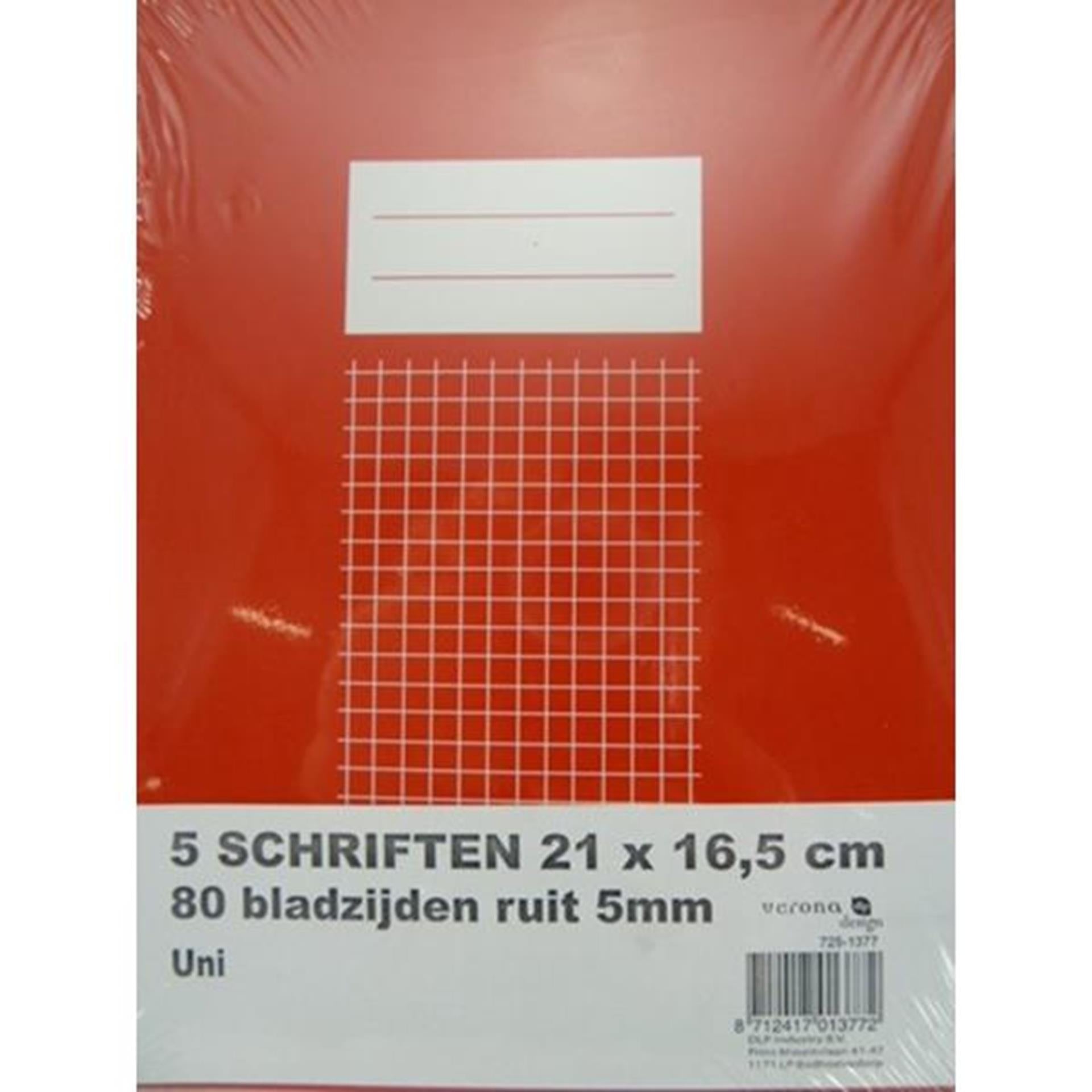 Verona pak a 5 stuks schriften 21x16,5 cm ruit 5mm uni kleuen: rood, blauw, zwart