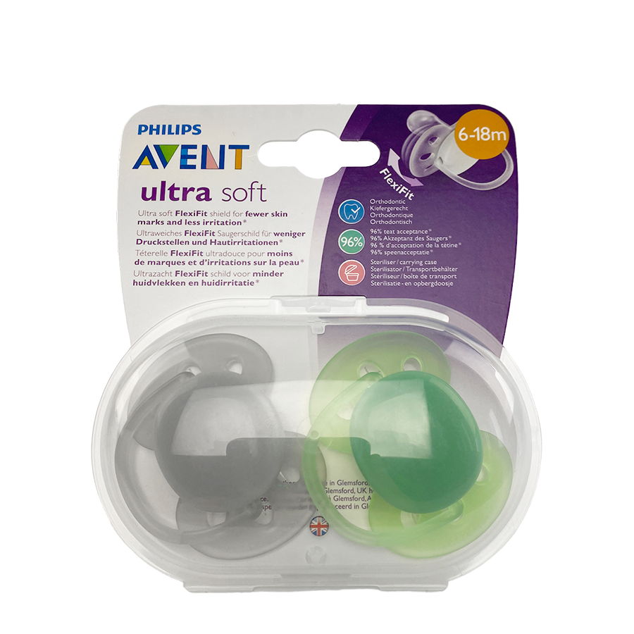 Philips fopspeen avent ultra soft grijs groen 2 stuks