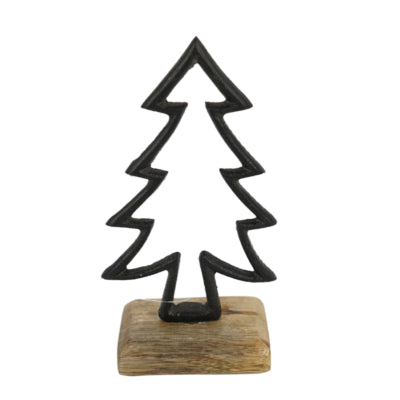 Beeld dennenboom op voet mangohout zwart 17 cm | 12 stuks
