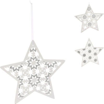 Kersthanger ster hout wit glitter 22 cm 3 assorti | 24 stuks
