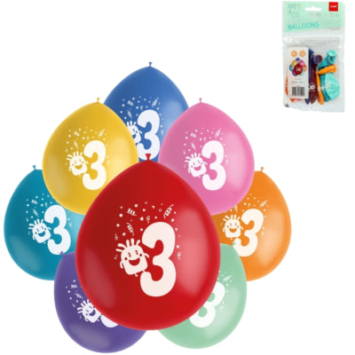 Folat ballonnen party pop monsters cijfer 3 kleurmix 23 cm 8 stuks | 24 stuks