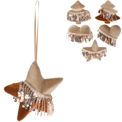 Ngk hanger kerst pailletten velvet bruin 9 cm 6 assorti | 24 stuks