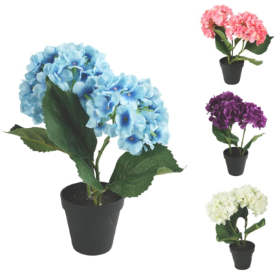 Kunstplant in pot hortensia 34 cm 4 assorti | 12 stuks