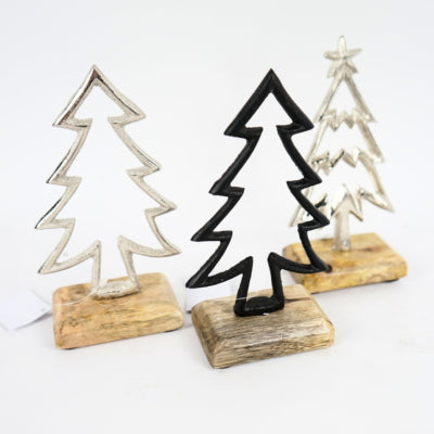 Beeld dennenboom op voet mangohout zwart 17 cm | 12 stuks