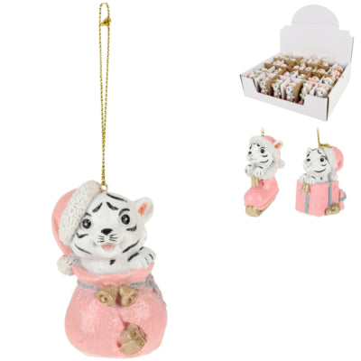 Hanger kerst tijger roze 7 cm 3 assorti | 24 stuks