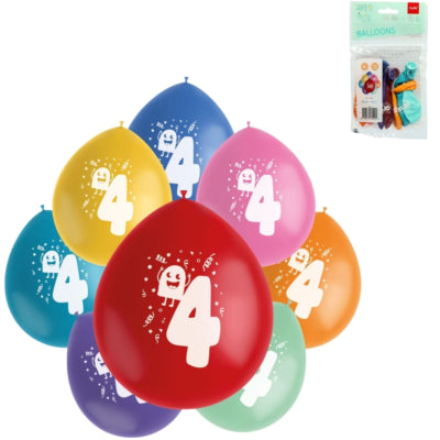 Folat ballonnen party pop monsters cijfer 4 kleurmix 23 cm 8 stuks | 24 stuks
