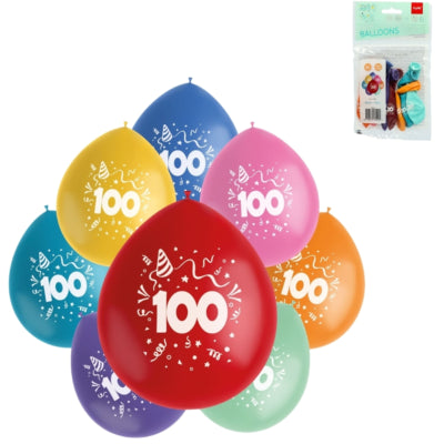 Folat ballonnen party pop cijfer 100 kleurmix 23 cm 8 stuks | 24 stuks