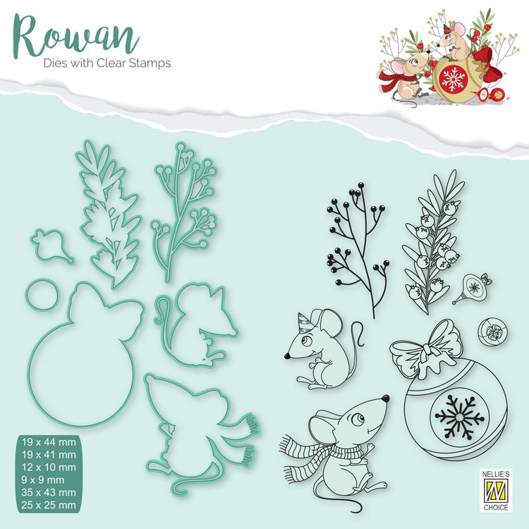 Nellie's choice • rowan cutting die clear stamp muis met kerstbal 14st.