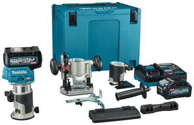 Makita rt001gm206 boven- en kantenfrees | 40 v max | 2 x 4.0 ah accu + snellader | incl. diverse voeten + geleiderail adapter | in mbox - rt001gm206