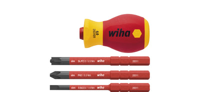 Wiha schroevendraaier met bithouderset electric slimvario (rood geel, stubby 4-delig met slimbits)