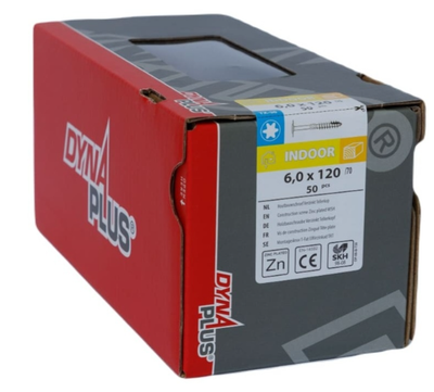 Dynaplus houtbouwschroef verzinkt tellerkop deeldraad +snijpunt torx tx30 6.0x120 70 | 50 stuks - 0286.01.50801