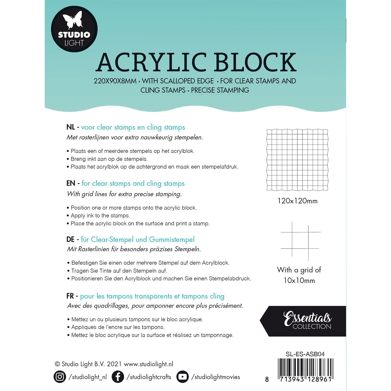 Studio light • essentials acryl stempelblok voor clear and cling stempels met rooster 12x12x0,8cm nr.04
