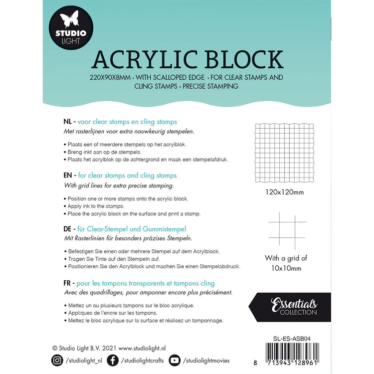 Studio light • essentials acryl stempelblok voor clear and cling stempels met rooster 12x12x0,8cm nr.04