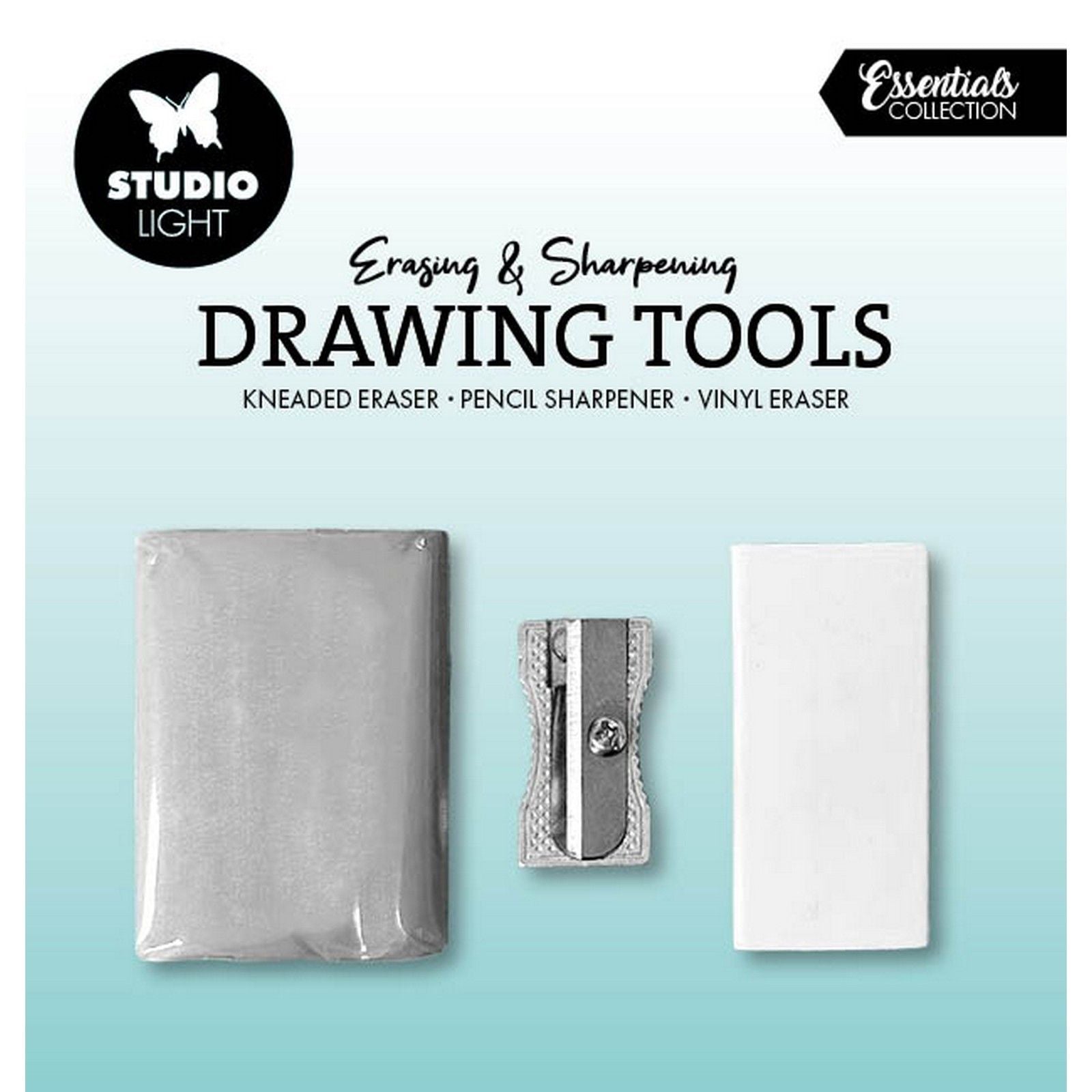 Studio light • essentials drawing tools kneaded vinyl eraser, sharpener