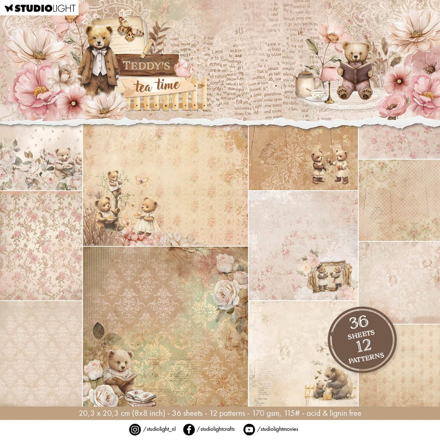 Studio light • teddy's tea time design paper pad 12 patterns