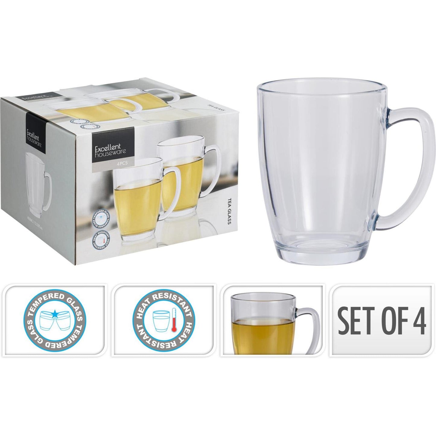 Excelent houseware theeglas gehard glas set van 4st 400ml