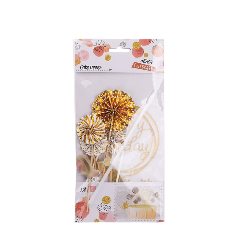 Taartdecoratie set goud happy birthday 12-delig
