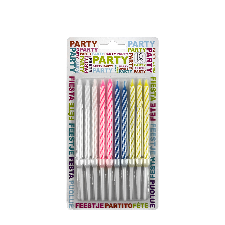 Verjaardagskaarsen multicolor witte streep 10-delig