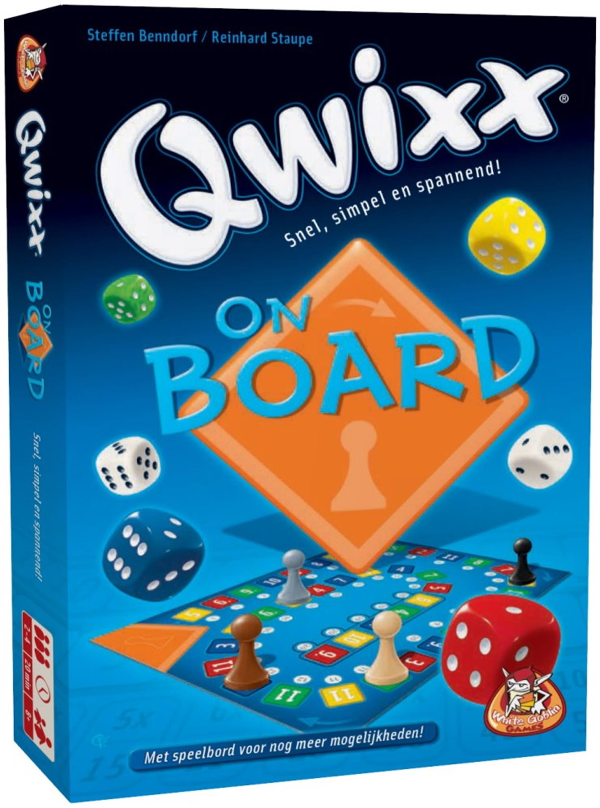 White goblin games - qwixx on board - dobbelspel - 2 tot 4 spelers - variant van qwixx - vanaf 8 jaar - qwixx met een speelbord