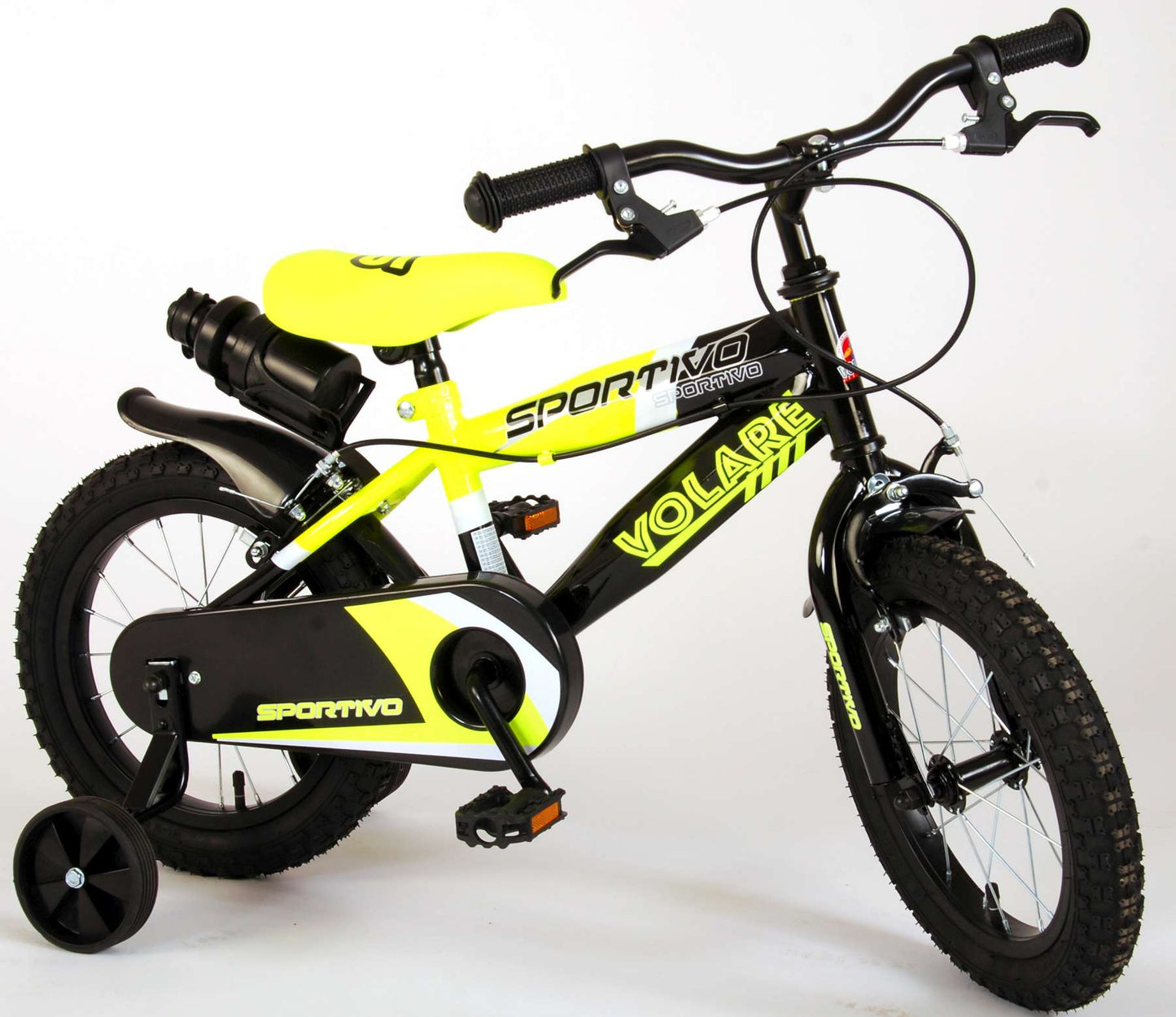 Volare Sportivo Kinderfiets - Jongens - 14 inch - Neon Geel Zwart - Twee Handremmen - 95% afgemonteerd