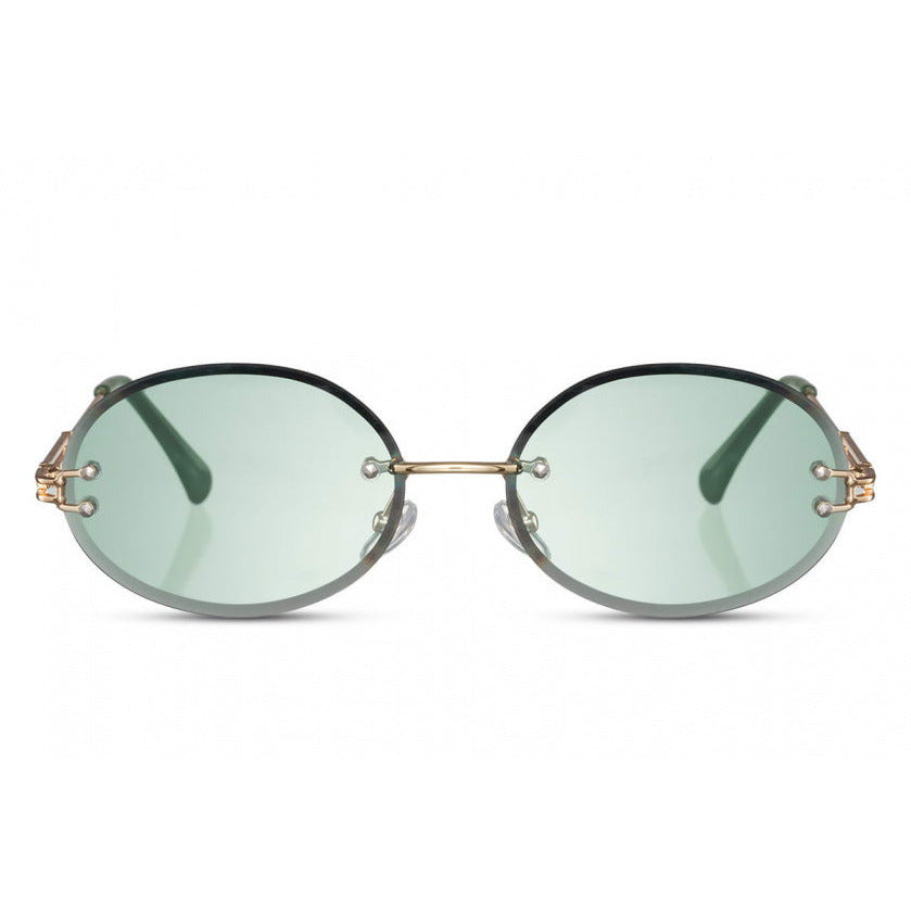 dames zonnebril ovaal randloos cat. 2 goud groen