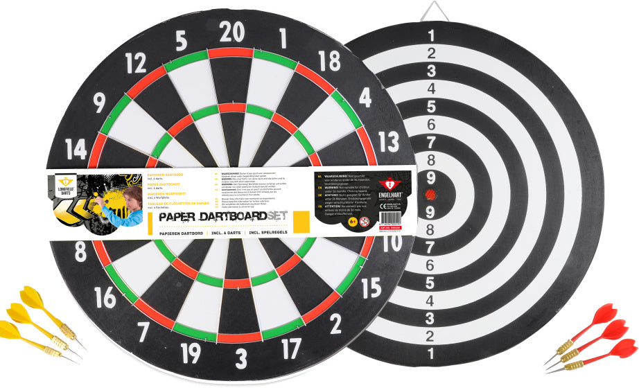 Longfield darts Dubbelzijdig Papieren Dartbord met 6 Dartpijlen