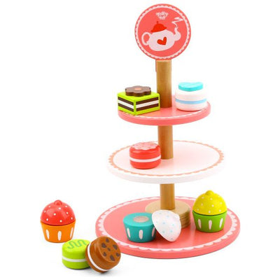 Tooky toy Houten Etagère met Gebakjes Roze Wit 12-delig